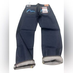 Vtg heritage Evisu seldvage denim with blue Evisu logo on‎ the pockets